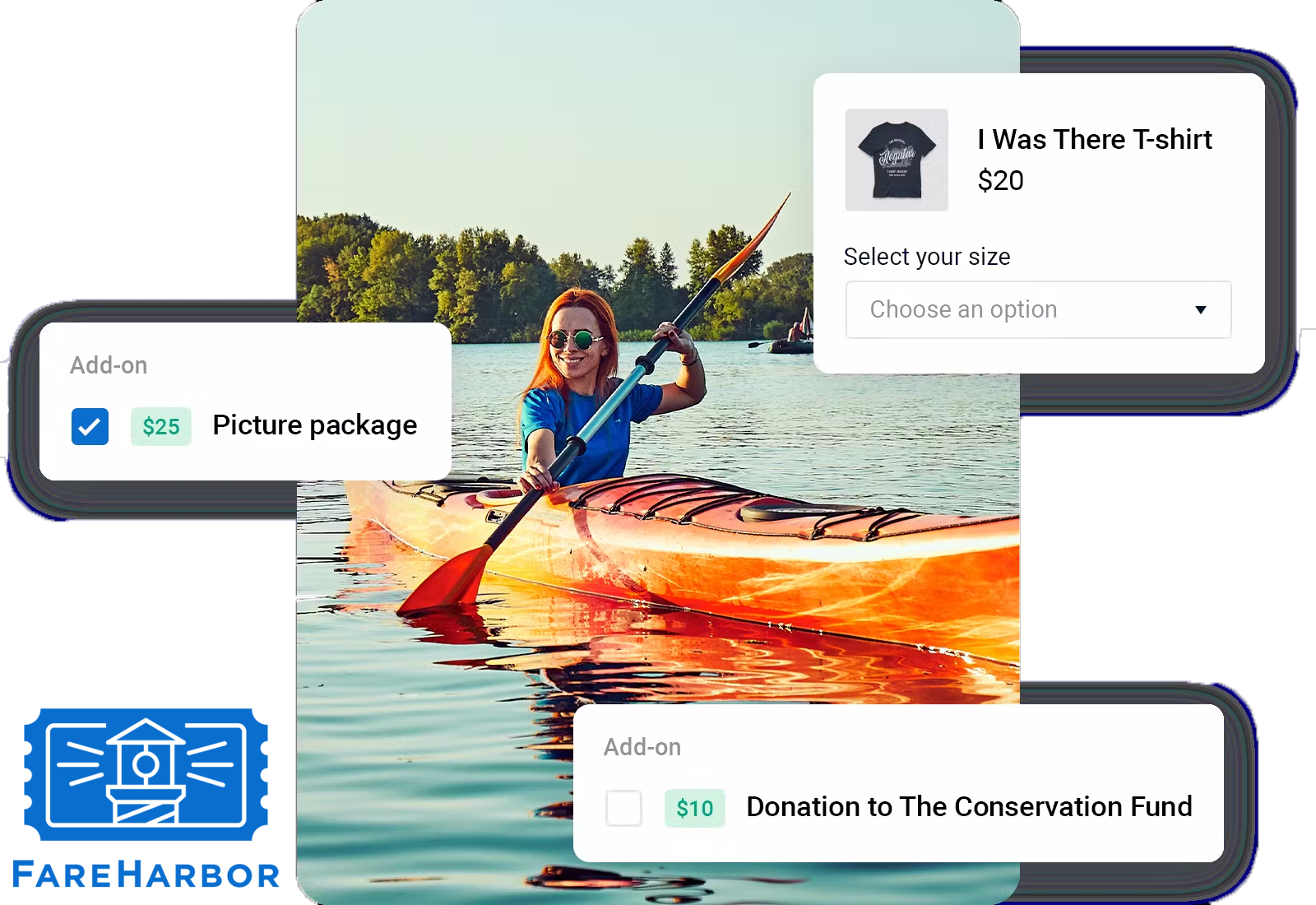 Fareharbor integration showing upsell options during a kayak booking, including add-ons like picture package, t-shirt purchase, and donation option