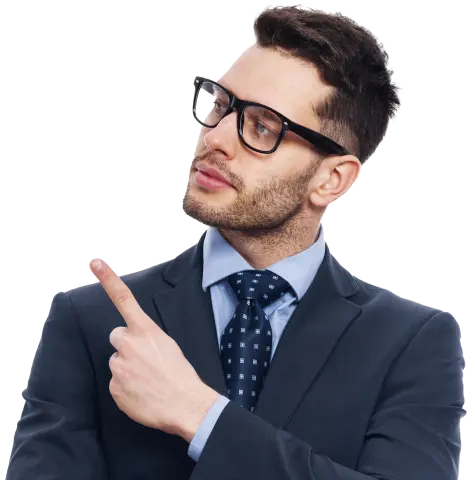 Confident business professional in a suit pointing to the side with focus
