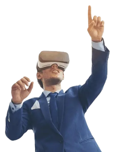 Businessman in a suit using a VR headset and interacting with virtual elements