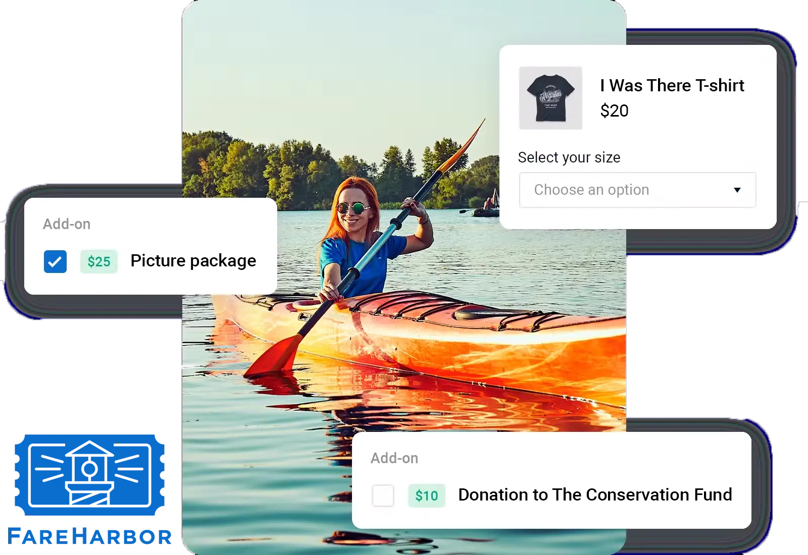 Fareharbor integration showing upsell options during a kayak booking, including add-ons like picture package, t-shirt purchase, and donation option